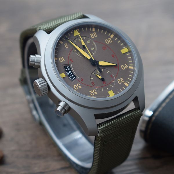 

pilot iw388002 vk quartz movement sport five pointers multifunction satch military green nylon strap i w c mens wrist watch, Slivery;brown