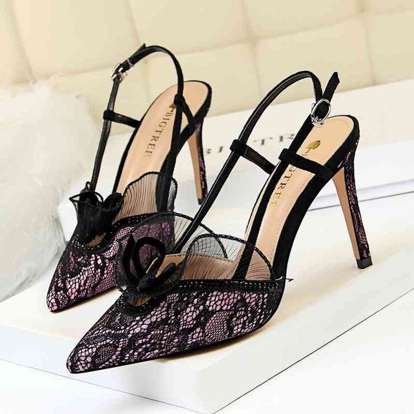 

black lace high-quality ruffled high-heeled shoes, party temperament shoes 9cm