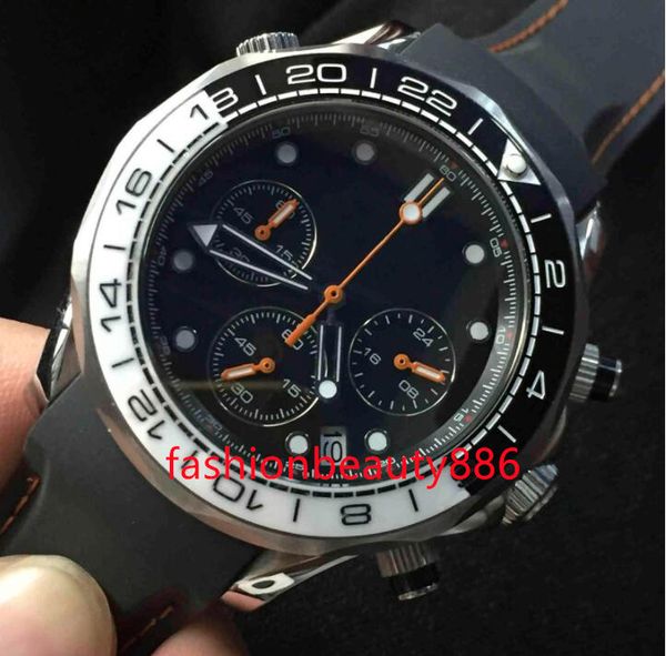 

aaa swiss quartz wristwatches mens watches chronograph round stainless steel case ceramic dial rubber strap gmt reloj business sports watch, Slivery;brown
