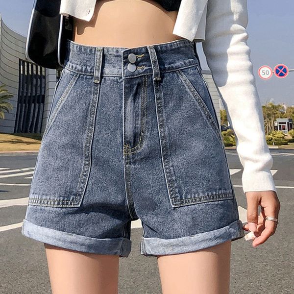 

women's denim shorts classic vintage high waist ladies shorts jeans solid big pockets button wide leg casual loose summer 210518, White;black
