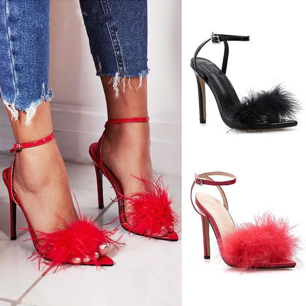 

sandals summer fur feather women high heels ankle strap party shoes pointed toe peep stiletto pumps ladies black red 75as