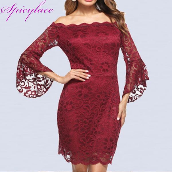 

casual dresses spicylace bodycon dress korean slash neck off shoulder lace flare sleeve girl night evening party 2021, Black;gray