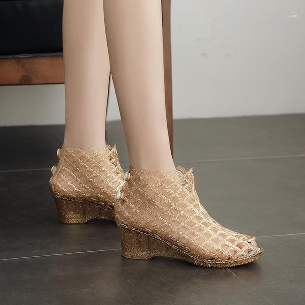 

dress shoes 2021 summer fashion ladies high heel fish mouth sandals crystal glitter transparent jelly bird nest hollow mesh, Black