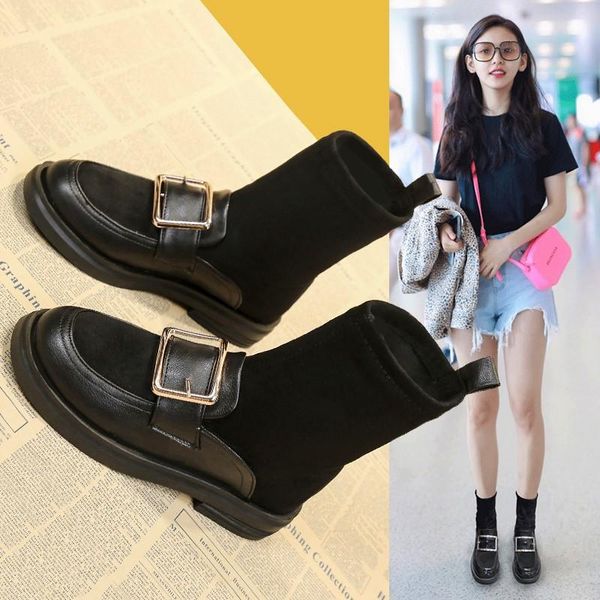 

boots 2021 elegant women ankle fashion elastic stockings short square toe slip-on platform shoes, Black