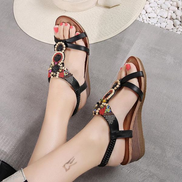 

dress shoes women summer beach sandals mid heels wedges woman beads deco bohemia plus size pu sandalias mujer sapato feminino d111, Black