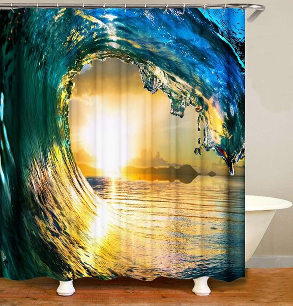 

shower curtain sea wave watercolor painting print polyester fabric bathroom decor set with hooks 72 x 72 inches, blue yellow