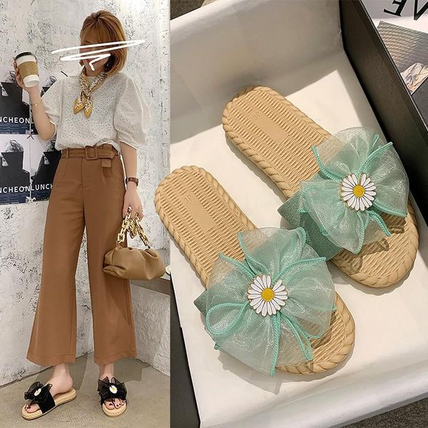 

shoes woman 2021 flower slippers flat lace shale female beach pantofle soft summer sabot slides fabric floral hoof heels bas, Black
