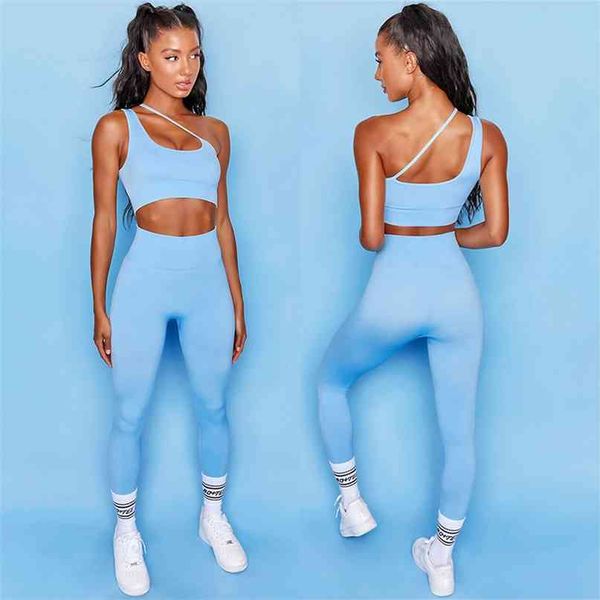 Set sportivo senza cuciture Donna Blu Due 2 pezzi Crop top Reggiseno Pantaloncini Tuta da yoga Running Workout Outfit Fitness Wear Summer Gym 210813