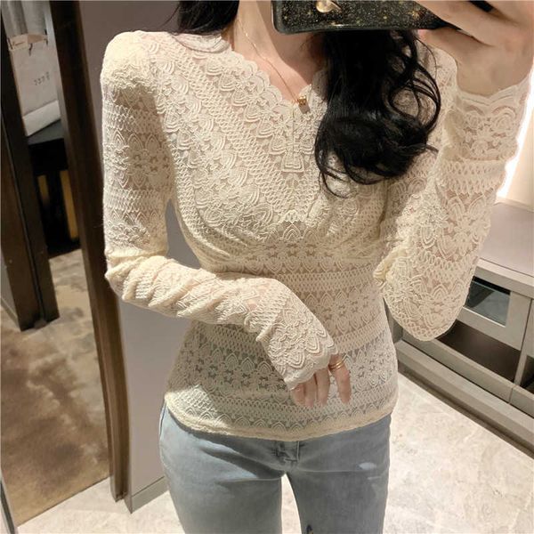 

long sleeve white lace women hollow out blouse female backless summer ladies v neck shirt 210601