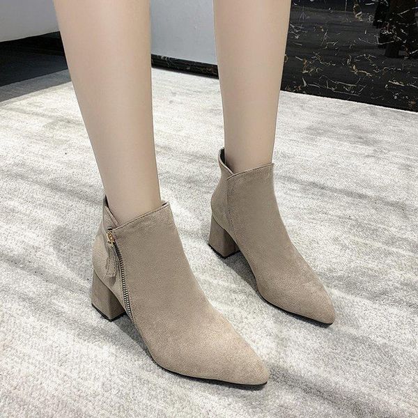

boots black beige suede women thick heel ankle plus plush pointed toe high winter shoes 2021