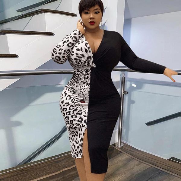 

plus size dresses women clothing long sleeve dress elegant ladies bodycon patchwork leopard wholesale drop, Black