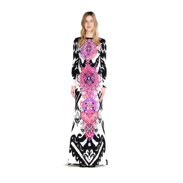 

casual dresses women's autumn epucci luxury brands long sleeves baroque print bodycon jersey silk stretch maxi dress plus size xxl, Black;gray