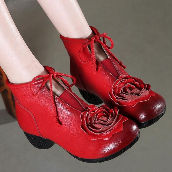 

boots winter warm shoes for women genuine leather flower female wedding ankle handmade retro short, Black