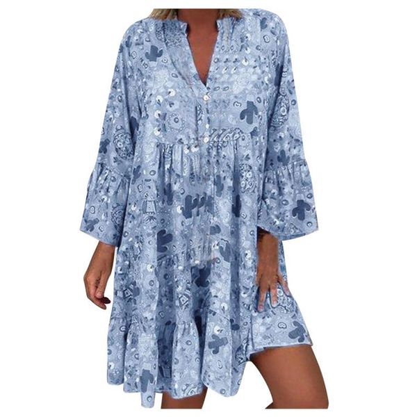 

casual dresses woman plus size floral printed button long-sleeve mini dress vestidod largos de verano mujer long sleave, Black;gray