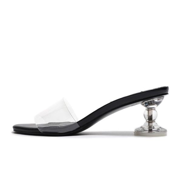 

summer ladies fashion slippers square head open toe delicate mid heel women's shoes transparent crystal casual sandals, Black