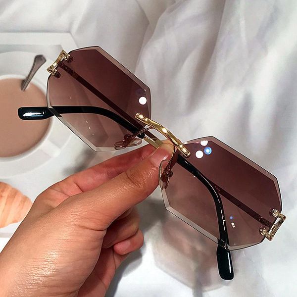

outdoor eyewear diamond cutting rimless small square sunglasses for women vintage alloy gradient brown sun glasses men