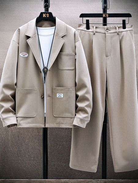 

men patch detail drop shoulder coat & pants a2gb#, Gray