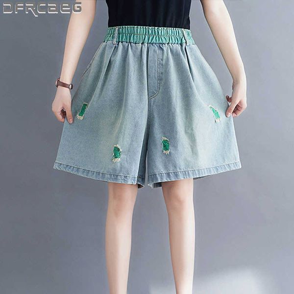 

women's shorts high elastic waist plus size loose denim summer hole pockets patchwork color lady short jeans 4qc5, White;black