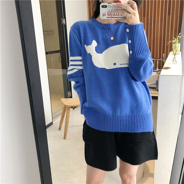 

1136 blue pullover korean round neck whale contrast long sleeve loose knit for men and women, White