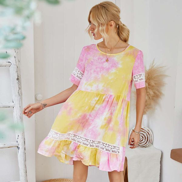 

dresses summer super casual fairy holiday dress irregular tie dye pleated jacquard skirt, Black;gray