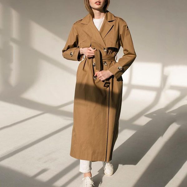

women's trench coats zoulv british street winter versatile commuter temperament windbreaker long belt double-breasted sleeve office lad, Tan;black