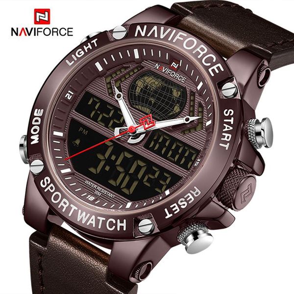 

wristwatches naviforce mens watches leather waterproof sports watch quartz analog digital wristwatch male relogio masculino, Slivery;brown