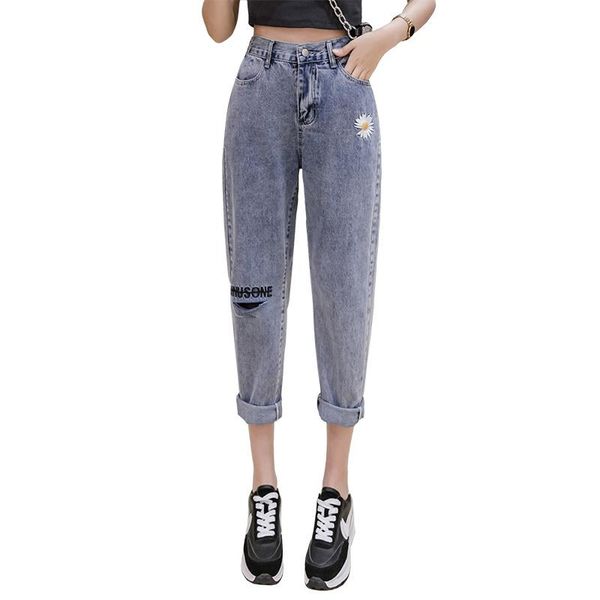 

women's jeans embroidered little daisy style thin straight-leg pants, Blue