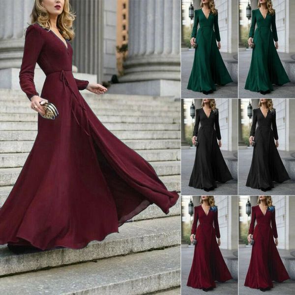 

casual dresses evening party bodycon elegant long dress women bandage belt club sleeve vestidos solid v-neck ladies maxi, Black;gray