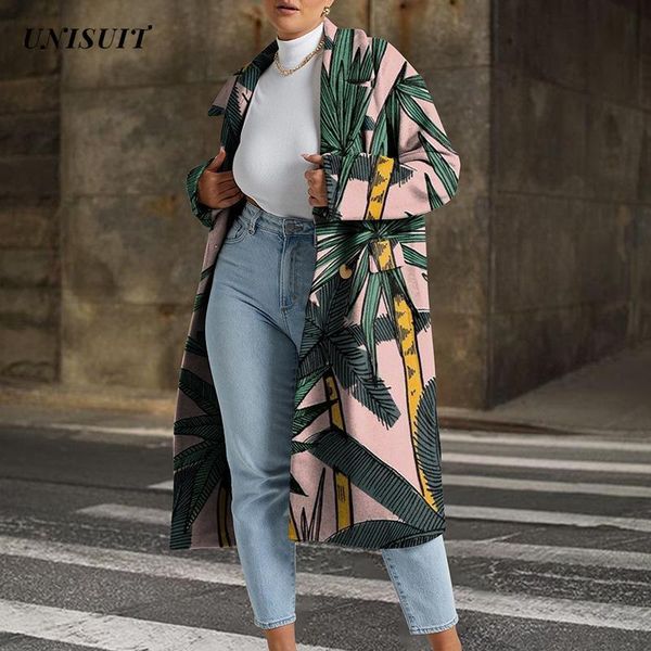 

women's wool & blends vintage pattern print long cardigan women elegant turn-down collar button outerwear autumn winter loose warm jack, Black