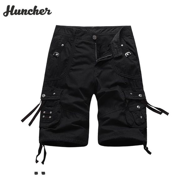 

men's shorts huncher mens cargo men 2021 summer solid cotton pockets seven points short streetwear harajuku casual pants black, White;black
