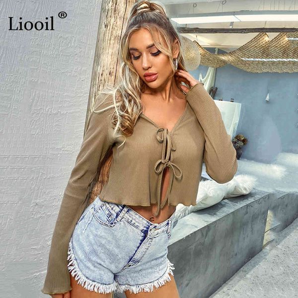 

shorts casual knit ribbed short shirts women spring autumn long sleeve lace up hollow out v neck khaki cropped and blouses, White;black