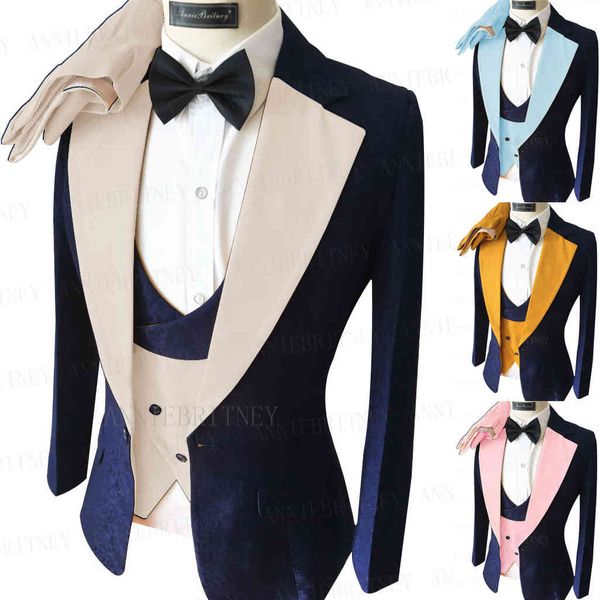 

men's suits & blazers 2021 navy blue jacquard suit men 3 pieces tailored slim fit groom marriage wedding prom dress tuxedo blazer, White;black