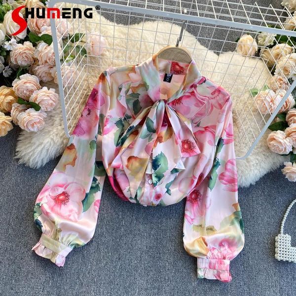 

women's blouses & shirts 2021 spring vintage flower print ruffled loose shirt female scarf collar puff sleeve fashion single-breasted b, White