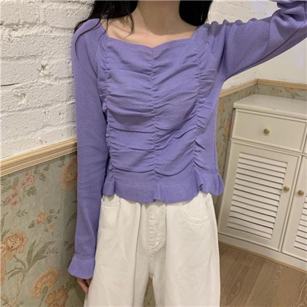 

women's t-shirt women square neck knitted flared sleeve crop slim pleated long bottoming shirt, White