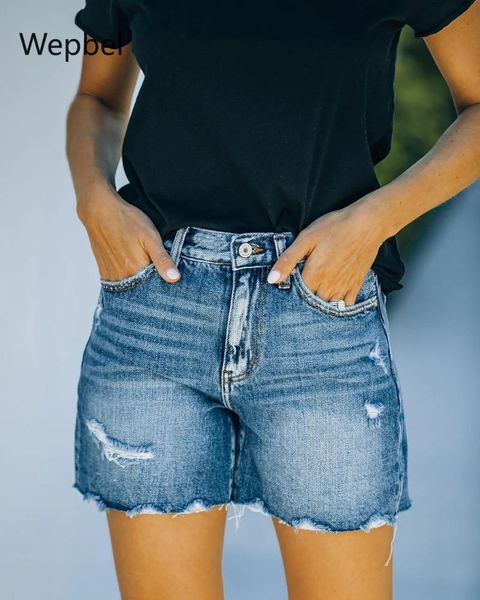 

women's jeans wepbel straight-leg denim pants mid waist washed shorts women hole casual trousers street style, Blue