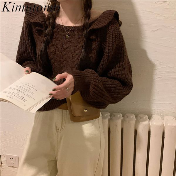 

kimutomo women knitted sweater spring autumn korea style female o-neck ruffles wild long sleeve short elegant 210521, White
