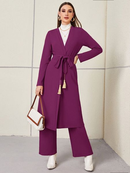

tassel belted longline coat & wide leg pants t7k3#, White