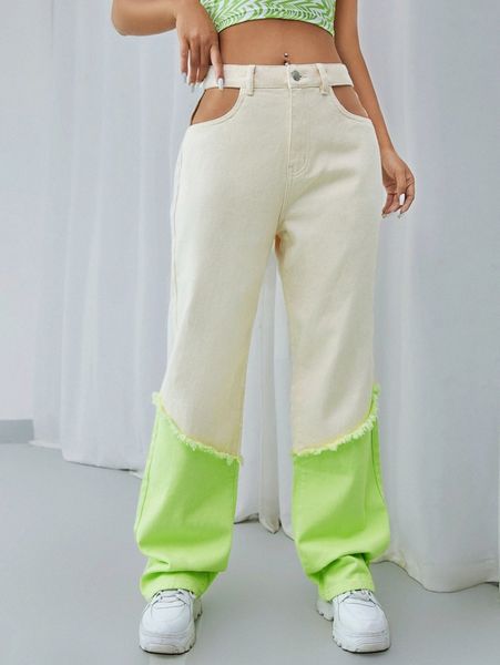 

cut out waist straight leg colorblock jeans p1bm#, Blue