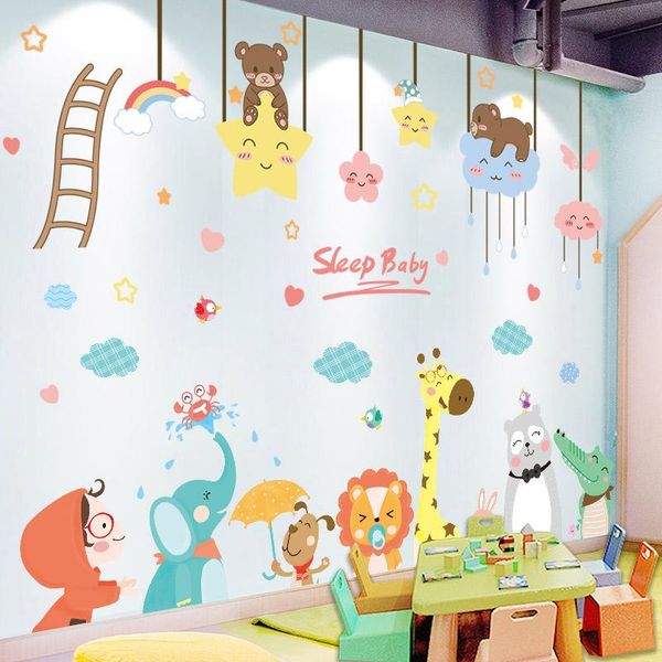 

[shijuekongjian] cartoon animals wall stickers diy bear clouds decals for kids rooms baby bedroom nursery house decoration