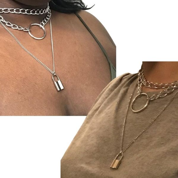 

pendant necklaces gothic lock chain necklace multilayer punk choker collar goth leather, Silver