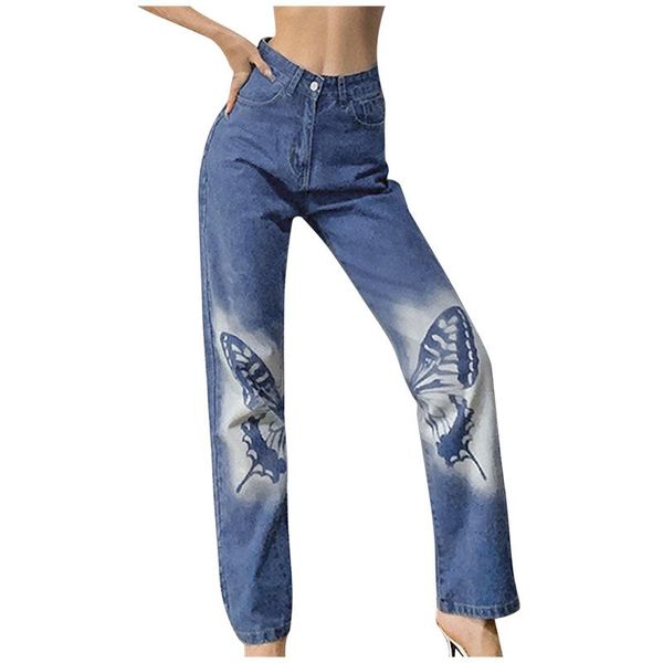 

women's jeans women fashion high waist straight pants scalewing print slim casual daily loose wide leg pantalones de mujer, Blue