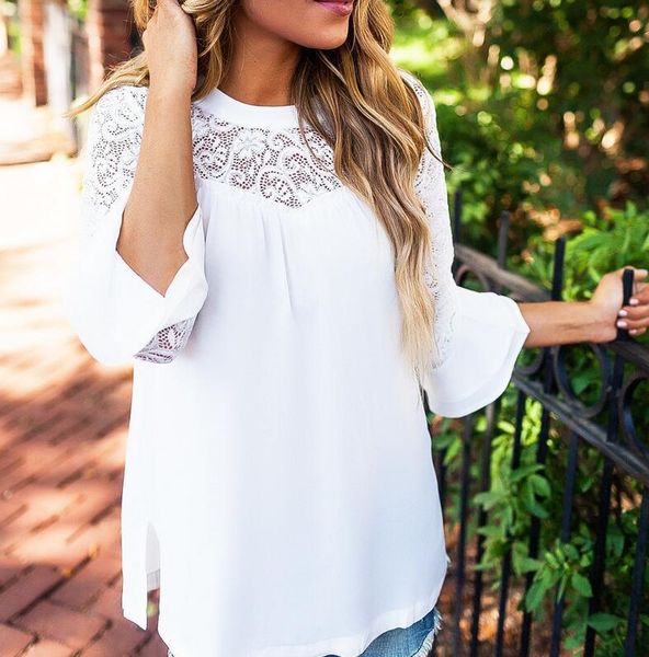 

women's blouses & shirts white casual blouse lace summer nine quarter solid women hollow out butterfly sleeve ladies shirt office fema
