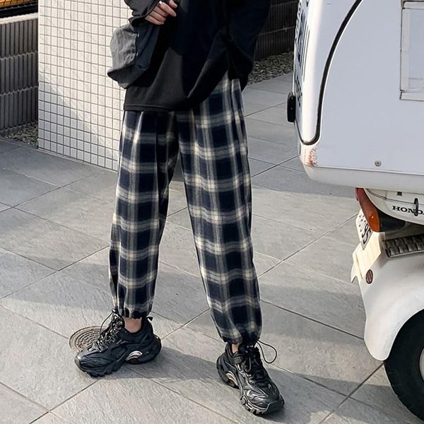 

girls oversized plaid pants female plus size trousers teen streetwear elastic waist harlan clothes for women women's & capris, Black;white