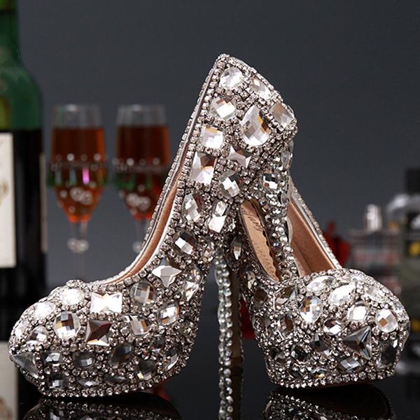 

dress shoes lady stiletto heel pumps high heels bridal handmade party rhinestone platform crystal wedding, Black