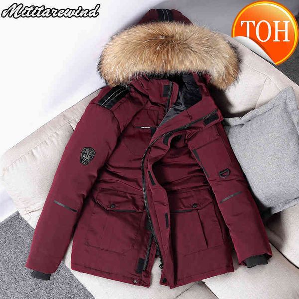

jacket -30 down degree winter men white duck parkas coat mid-length outdoor big fur collar thicken snow overcoat, Black