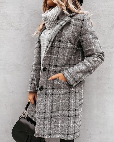 

women's wool & blends classic retro plaid gray temperament office commuter women coats and jackets warm winter turn-down collar fashion, Black