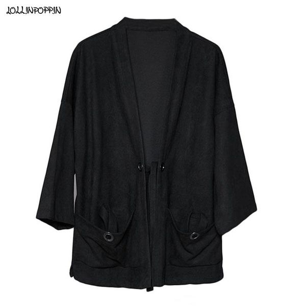 

men faux suede kimono jacket japan style 2021 spring drop shoulder three quarter sleeves male thin coat haori men's jackets, Black;brown