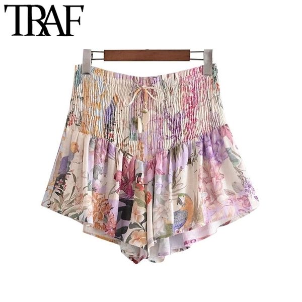 

traf women chic fashion floral print smocked shorts vintage high elastic waist with drawstring female short pants mujer 210621, White;black