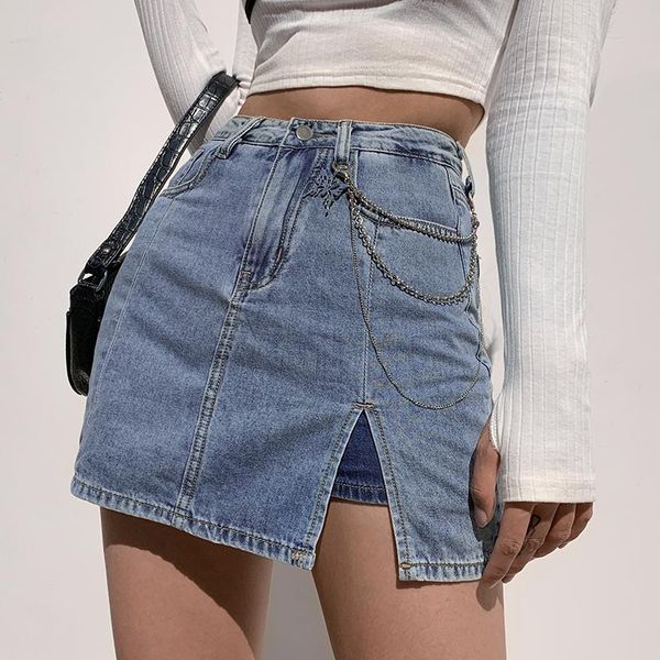

skinny y2k jeans skirts women vintage fashion high waisted mini korean split harajuku denim outfits 90s 2021, Black