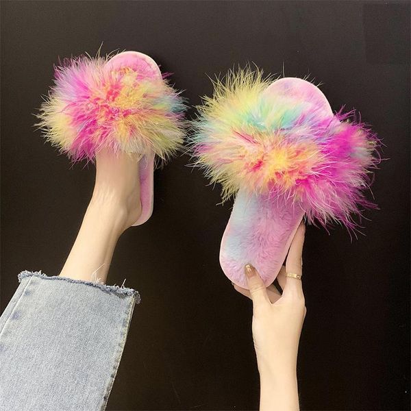 

fur rainbow color women slippers autumn winter home shoes warm flats ladies fashion footwear female plus size, Black
